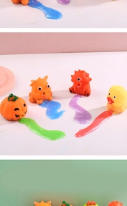 Detailed set of four stress relief squeeze toys including pumpkin and duck with slime
