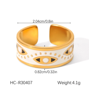 Detailed view of evil eye gold ring with dimensions 2.04cm diameter and 0.82cm width
