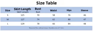 Detailed size chart for the pleated tube dress with measurements in centimeters