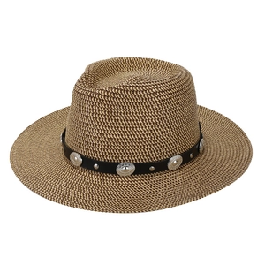 Classic woven straw Fedora hat with brown texture and studded black leather band