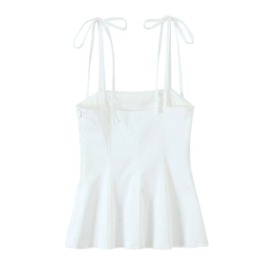 Weißes Slim-Fit Camisole-Top mit Schleifen-Trägern und plissiertem Schößchen-Saum