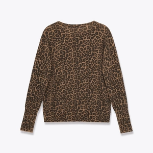 Women's leopard print long sleeve crew neck knit cardigan sweater with ribbed trims