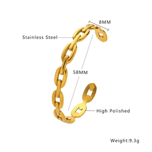 Vue détaillée du bracelet jonc en acier inoxydable doré poli de 8 mm avec mesures