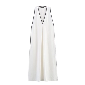 Women Elegant Cotton Linen Sleeveless Maxi Dress V-Neck Contrast Piping Loose Fit Casual Summer Party Dress White