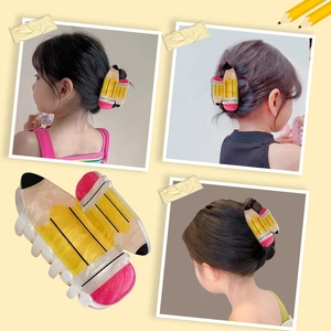 Pince à cheveux créative en acrylique en forme de crayon jaune pour filles et étudiants