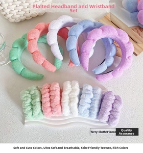 Detail of twisted sponge headband and wristband set in five pastel velvet colors