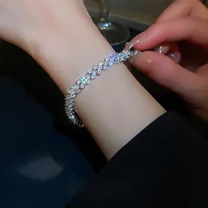 Shiny Cubic Zirconia Spliced Buckle Bracelet White Gold Plated Copper Multi Row Tennis Bangle Elegant Luxury Jewelry Women
