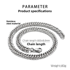 Detailed specs of stainless steel curb chain necklace 500mm length and 9.5mm width