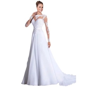 Elegant white lace long sleeve wedding dress with A-line train and sheer crew neck