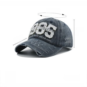 Size chart showing 1985 embroidered baseball cap dimensions with 54-60cm circumference
