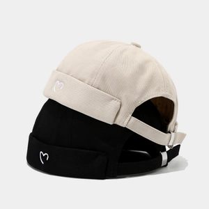 Japanese style minimalist cotton miki hats with heart embroidery in beige and black
