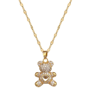 Golden titanium steel teddy bear pendant necklace with micro-pave cubic zirconia crystals
