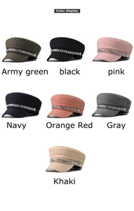 Color display of stylish beret hats featuring metal chains in seven vibrant colors