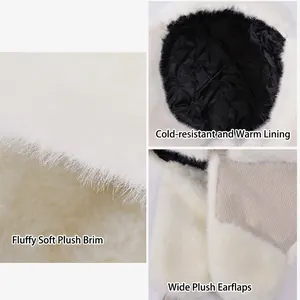 Winter thermal white trapper hat with plush ear flaps and quilted lining for wind protection