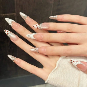 Lace and heart stiletto press-on nails with luxury pearls and K9 crystals