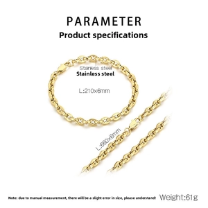 Detailed specs for 6mm golden stainless steel pig nose chain necklace and bracelet set