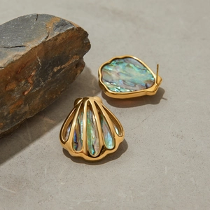 Detailed close-up of gold stainless steel shell earrings with iridescent abalone inlay