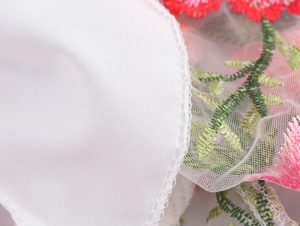 Détail de broderies florales rouges sur tulle transparent avec doublure blanche lisse