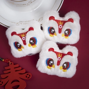 Three-piece set of white plush lion dance embroidery patches with Chinese New Year motifs