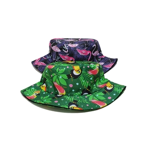 Women's summer bucket hat with tropical flamingo and toucan print for sun protection