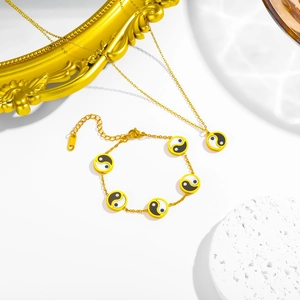 Vintage gold-plated stainless steel Tai Chi necklace and bracelet set with yin yang beads