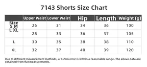 Tableau des tailles pour shorts de yoga avec mesures de taille, hanches et longueur