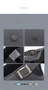 Detail view of cotton baseball cap showing stitching, vent holes and metal buckle strap