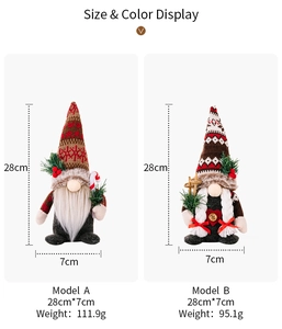 Detailed view of Christmas gnomes with knit hats, dimensions, and weights measurements