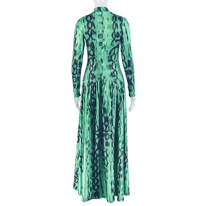 Detail of high neck vintage green snake print dress back view with flared A-line skirt