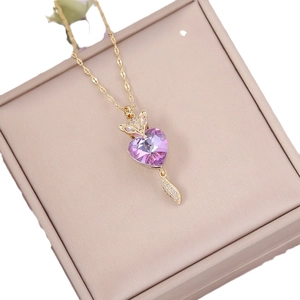 Elegant gold fox necklace with purple heart crystal pendant in pink jewelry gift box
