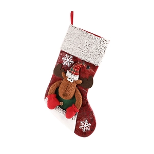 Grande chaussette de Noël rouge avec renne 3D et bordure en peluche pour décor de fête
