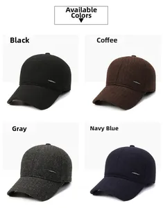 Detail view of winter baseball caps in four colors with ear flaps and metal leaf decor