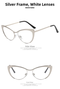Detailed front and side views of silver cat-eye metal glasses with clear lenses