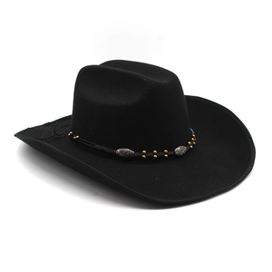 Cappello Da Cowboy Occidentale In Feltro Di Lana Tesa Larga Fascia Con Perline Stile Etnico Tribale Moda