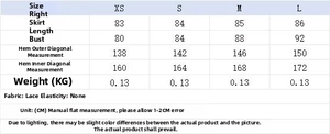 Detailed size chart for lace asymmetrical top including bust and length measurements