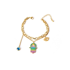 Golden double-layer Hamsa Hand and Evil Eye bracelet set with colorful enamel charms