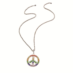 Fashionable hip-hop necklace featuring a silver chain and colorful rainbow rhinestone peace sign