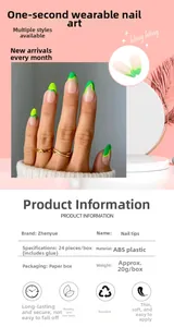 Close-up of translucent pink press-on nails with neon green wave edges and ABS material info