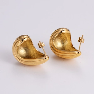 Elegant gold plated stainless steel teardrop stud earrings with textured shell design