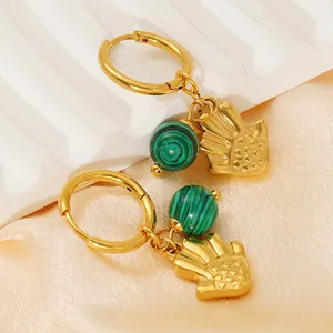 18k gold plated titanium steel hoop earrings with green turquoise and palm charms