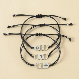 Three-piece stainless steel sun moon and star necklaces with adjustable black wax cord