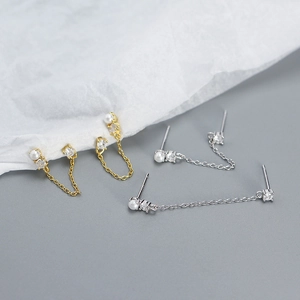 Elegant 925 silver fringe earrings with faux pearls and sparkling zirconia stones