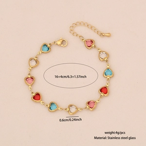 Detailed view of colorful heart charms on gold stainless steel bracelet with dimensions