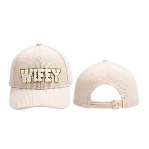 Cream corduroy baseball cap with WIFEY chenille patch and adjustable metal buckle back