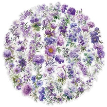 Detail of purple floral PET stickers featuring dahlia and lavender patterns for scrapbooking