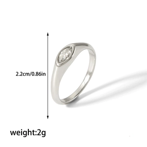 Detail view of silver ring with marquise-cut stone showing 2.2cm height and 2g weight