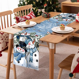 Christmas Table Runner Holiday Polyester Snowmen Snowflakes Merry Christmas Decor For Dining Party Restaurant Winter