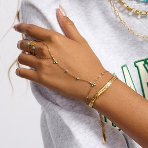 Finger Bracelet And Ring Jewelry Stainless Steel Turquoise Cross Pendant Gold Plated Waterproof Hypoallergenic Women Bohemian