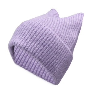 Detailed macro view of the purple ribbed knitting and 3D cat ear design on the winter hat