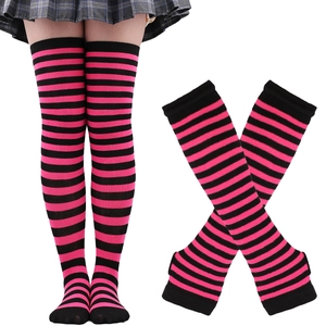 Detail of pink and black striped over-knee socks and matching arm warmer gloves set